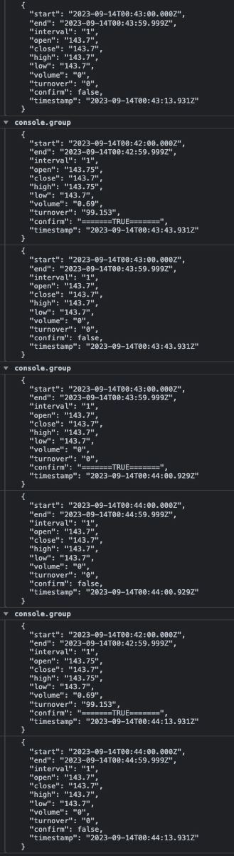 WickCoders's tweet photo. @BeatzXBT kline feed on XMRUSDT does seem to send some old data, probably need to bucket by start and end time https://t.co/9fF4gRgiFg