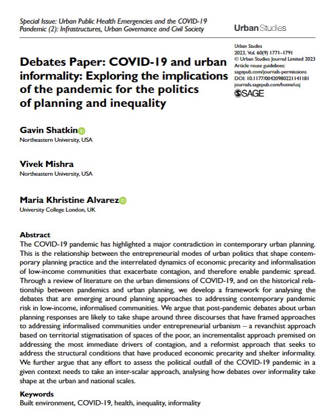 USJ_online's tweet photo. Editors' Featured Articles: 'COVID-19 and urban informality: Exploring the implications of the pandemic for the politics of planning and inequality' #DebatesPaper by Gavin Shatkin, Vivek Mishra and Maria Khristine Alvarez
https://t.co/NGAtJUEgoX
#EditorsPicks #FreeAccess https://t.co/JkBUHA9pNf