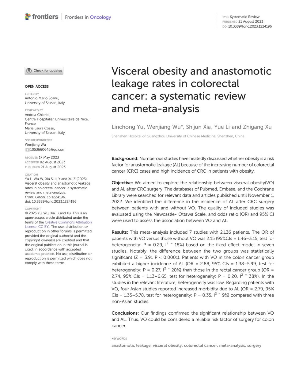 Visceral obesity as a risk factor to anastomotic leak in colorectal cancer surgery
#MISIRGlobalSurgery #SoMe4Surgery