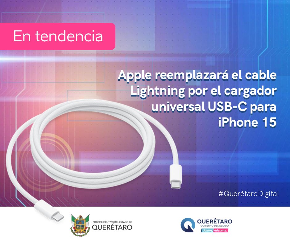 _QroDigital's tweet photo. Apple lanzó su primer teléfono con puerto USB-C, el iPhone 15, y dice adiós a su puerto Lightning, luego de que #UE ordenó que todos los aparatos electrónicos móviles tuvieran un conector universal para reducir los residuos electrónicos. https://t.co/uYoaVHWiUx https://t.co/iXfcfpnxM9