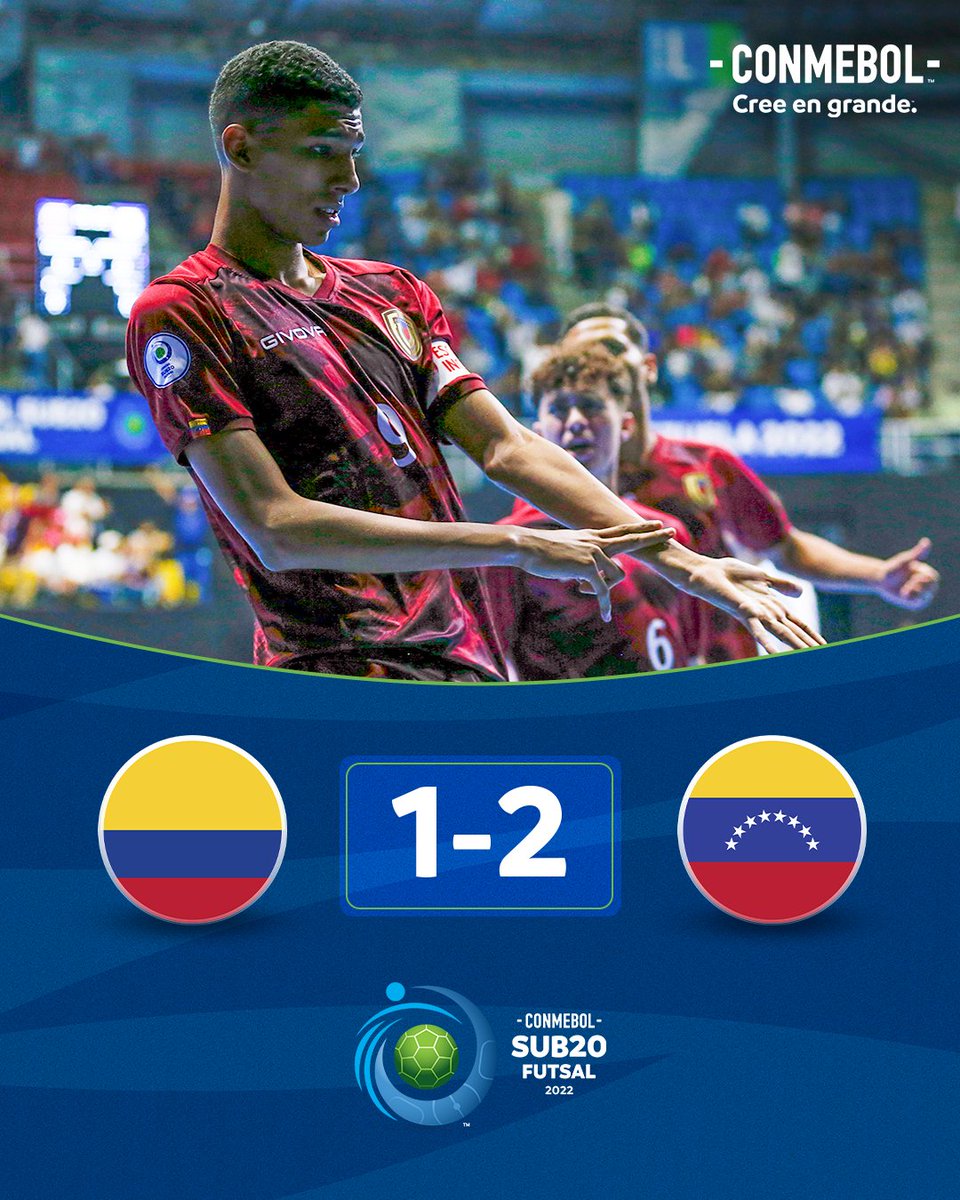 CONMEBOL's tweet photo. ¡Final del juego! 🔝🇻🇪

@FutsalFVF lo dio vuelta y venció por 2-1 a @FCFSeleccionCol por la cuarta fecha de la CONMEBOL #Sub20FS. 🔥

#CreeEnGrande https://t.co/yzldDoZzRz
