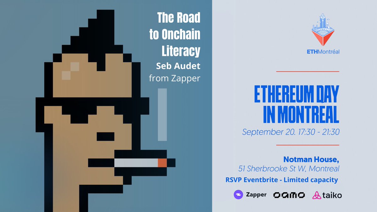 MontrealEth's tweet photo. Join us at Ethereum Montreal Day on September 20th to hear @sebaudet26 from @zapper_fi, as he guides us through the fascinating journey towards blockchain literacy. Let's make blockchain accessible to all! 🚀 
🎟️Tickets here 👉https://t.co/u7VZBaOWkT 
#Ethereum https://t.co/8dhIFkzPB3