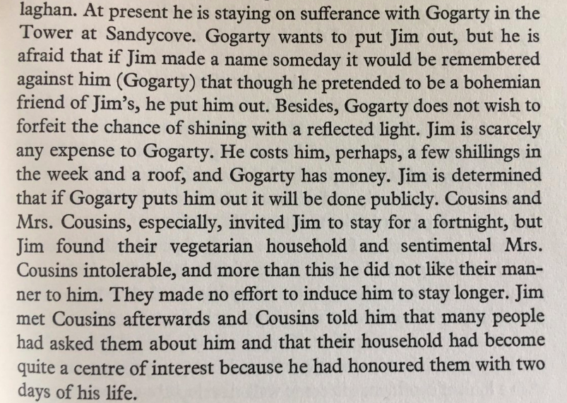 OTD in 1904 Stanislaus Joyce recorded in his diary that Oliver Gogarty wanted his brother out of the Tower at Sandycove. "Jim is scarcely any expense to Gogarty.... Jim is determined that if Gogarty puts him out it will be done publicly."