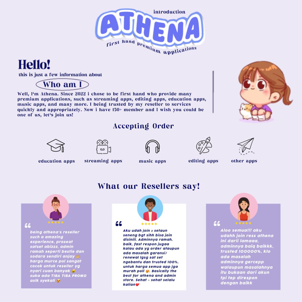 ceribulat's tweet image. hey-Oo! aku lagi open reseller buat app premium nih 🐛🫧

✶ open dari pagi sampai tengah malam 
✶ admin fastresp seperti bot 
✶ no fee no target 

mau intip pricelist bisa langsung dm atau hubungi bit.ly/3wv0uEu 

[ #zonauang ]