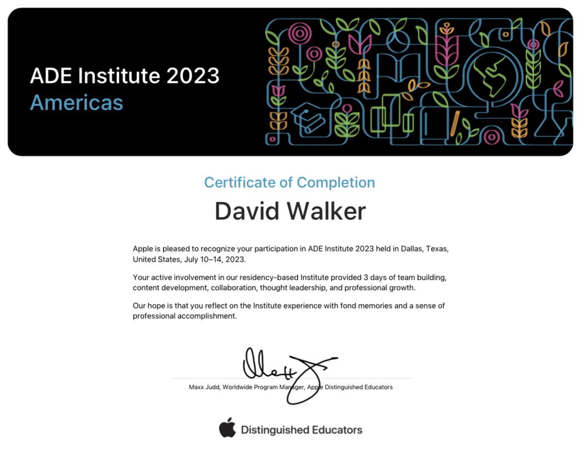 So happy to receive this today in my inbox! Such great memories, new friends made, and a renewed vision and purpose! Proud Apple Distinguished Educator! #ADE2023 Best Class Ever! 🙌