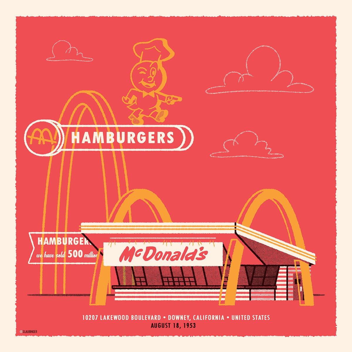 Hamburgers. Neon signs. Americana. Mid century architecture. What's not to love?

I've paid tribute to the oldest (but not the original) McDonald's restaurant which is located in Downey, California.

Screen print coming soon!

#mcdonalds #speedee #downeycalifornia #hambugers