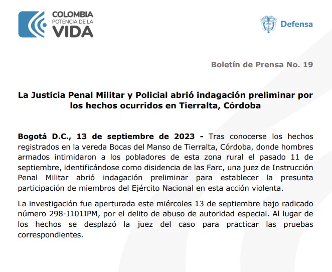 mapias15's tweet photo. Justicia Penal y Militar abrió  indagación preliminar a miembros de @COL_EJERCITO por el delito de abuso de autoridad especial, luego de las intimidaciones armadas contra comunidades indígenas de Tierralta, Córdoba https://t.co/LllWZnx8EV