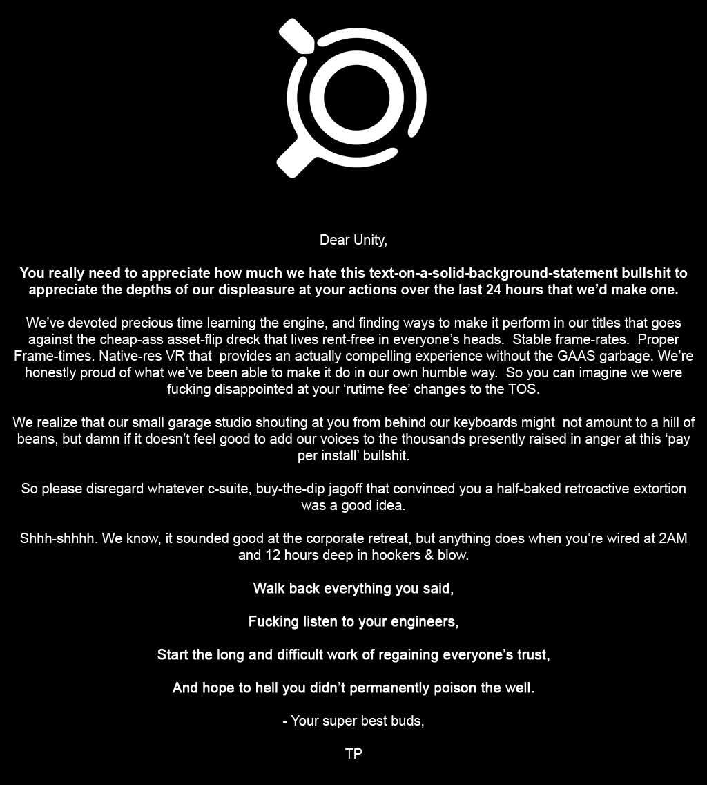 TruantPixel's tweet photo. Here's a statement.
#unity3d  #unityruntimefee #IndieGameDev #indiegames https://t.co/l7iTDNzAkw