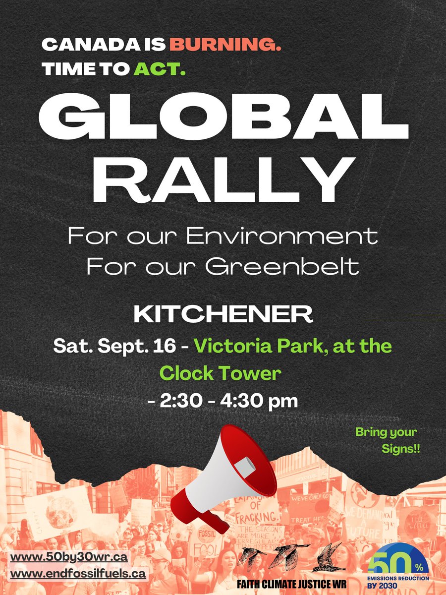 After a summer of smoke and devastating extreme weather worldwide we will be calling out all levels of government. Speakers: Kitchener South Green MP Mike Morrice, Council of Canadians,  Waterloo Region Labour Council 50by30wr.ca <a href="/SeanCampbellWR/">Sean Campbell</a>  <a href="/holdthelineWR/">Hold the Line WR</a>