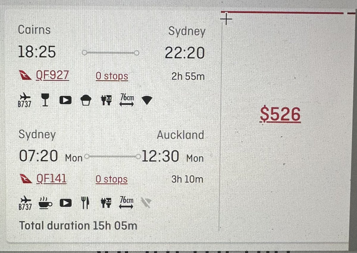 x_ylloH's tweet photo. @Qantas Hello,
I wish to book the attached flight from Cairns to Auckland. This has an overnight stop in Sydney airport. Could you confirm how this transfer works for me please?
I can see it’s not self transfer - but I understand the aiport shuts overnight. Thanks https://t.co/laiHFwJA2c