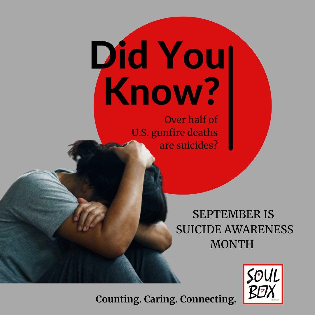 SoulBoxProject's tweet image. This month the #SoulBoxProject will be focusing on suicide by gunfire. Over half of U.S. gunfire deaths are not violence from others, but from people taking their own lives.  
Let&apos;s talk about this. Awareness can save lives. 

#suicide #CountingCaringConnecting #ThisLossWeCarry