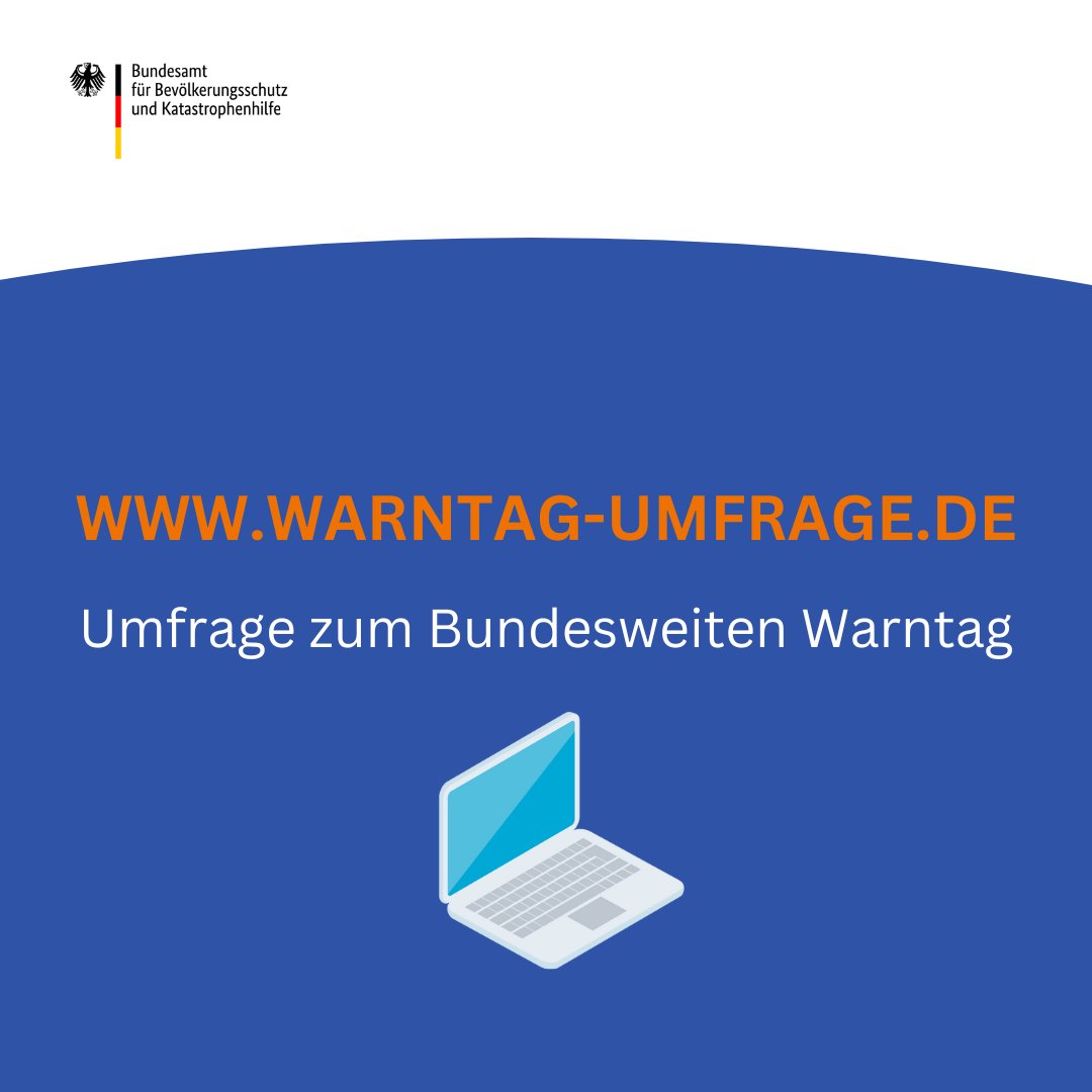Der #Warntag23 läuft! 
Gleiches gilt für unsere Umfrage.
Das #BBK führt gemeinsam mit dem Forschungsinstitut Niedersachsen bis zum 21.09. eine Online-Umfrage durch: warntag-umfrage.de 1/3