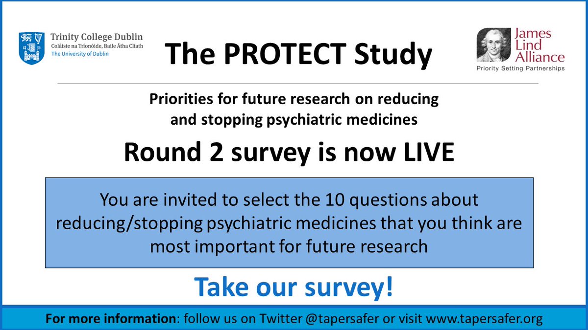 🚨 We want to hear from you! 🚨

Have your say &amp; take our anonymous survey to help inform future research on reducing and stopping psychiatric medicines (also known as 'tapering') - see link below ⬇️

Please share widely - retweets/likes appreciated! 🙏

tapersafer.org/the-protect-st…