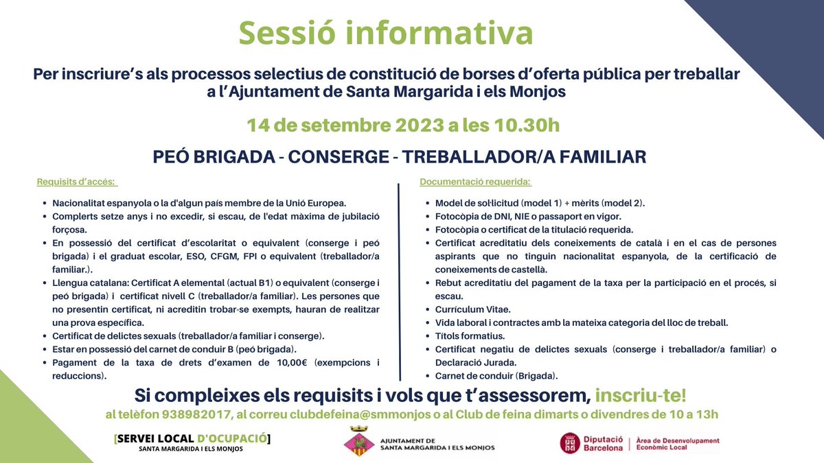 slomonjos's tweet photo. Us esperem avui a les 10,30h al Club de la feina @slomonjos, en la sessió informativa de com presentar-vos als processos selectius de constitució de borses pels llocs de treball de peó de brigada, conserge i treballador/a familiar https://t.co/nO6Kg436tL