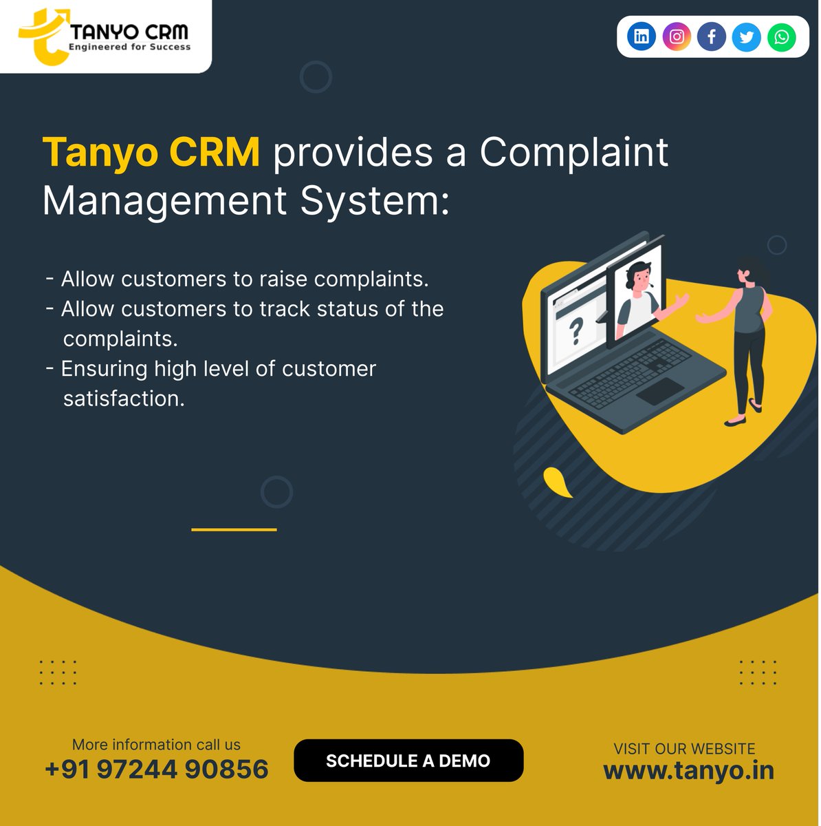 Tanyo provides a Complaint Management System!

So, what are you waiting for? DM or call us to book a free demo!

📞 +91 97244 90856 
📧 hello@tanyo.in 
🌐 tanyo.in

#Tanyo #ComplaintManagement #ComplaintTracking #ComplaintResolution #BusinessGrowth