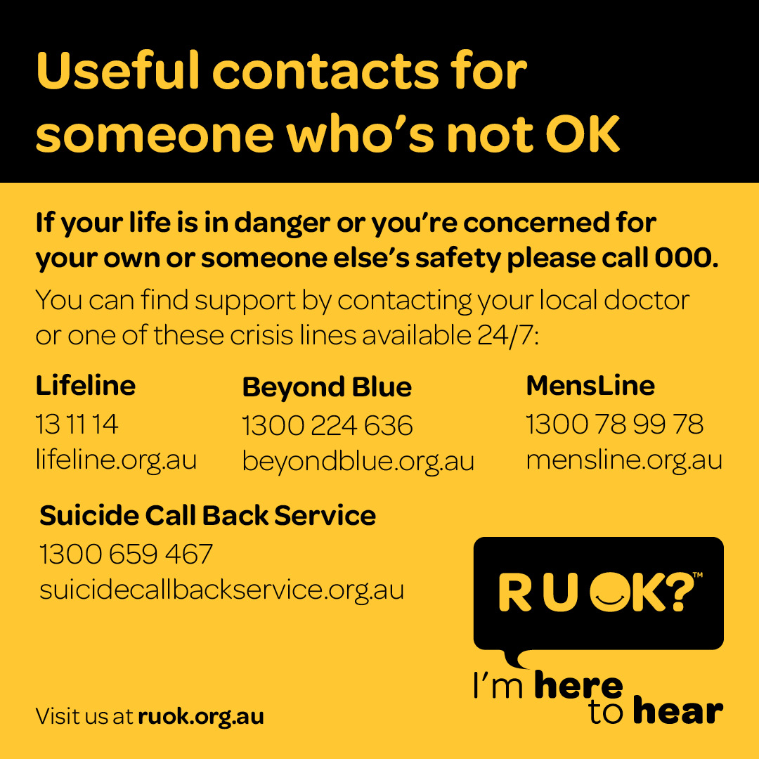 #RUOKDay is wrapping up but the conversations are just getting started 💛

If concerned about someone, trust your gut and ask R U OK?

If you, or someone you know, needs support, <a href="/LifelineAust/">Lifeline</a> is available 24/7 (13 11 14) and tou can find other services at bit.ly/2XncEPx