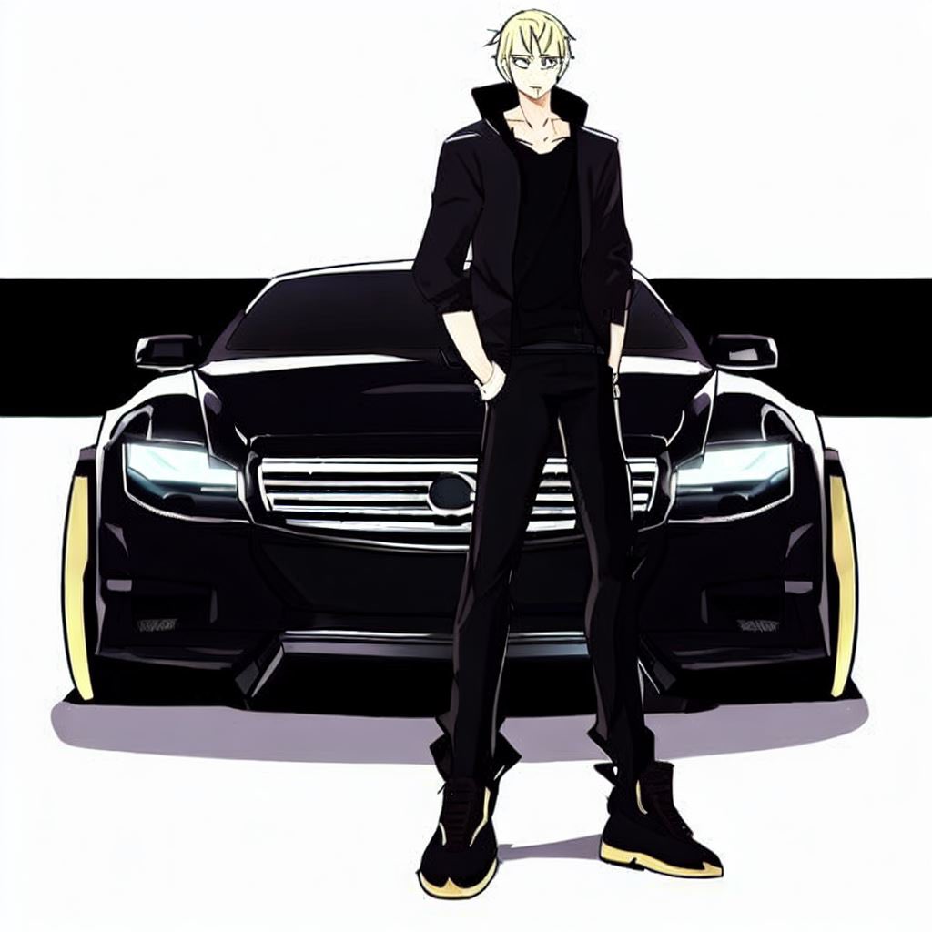kuro_chat220's tweet photo. あなたは、プロのイラストレーターです 黒くカッコイイ車に 男20代 身長180cm 細く金髪イケメンがクールに立ってるイラストをアニメ風 高画質で描いてください。

と頼んだ結果。。。。 https://t.co/b9WYMQey1S