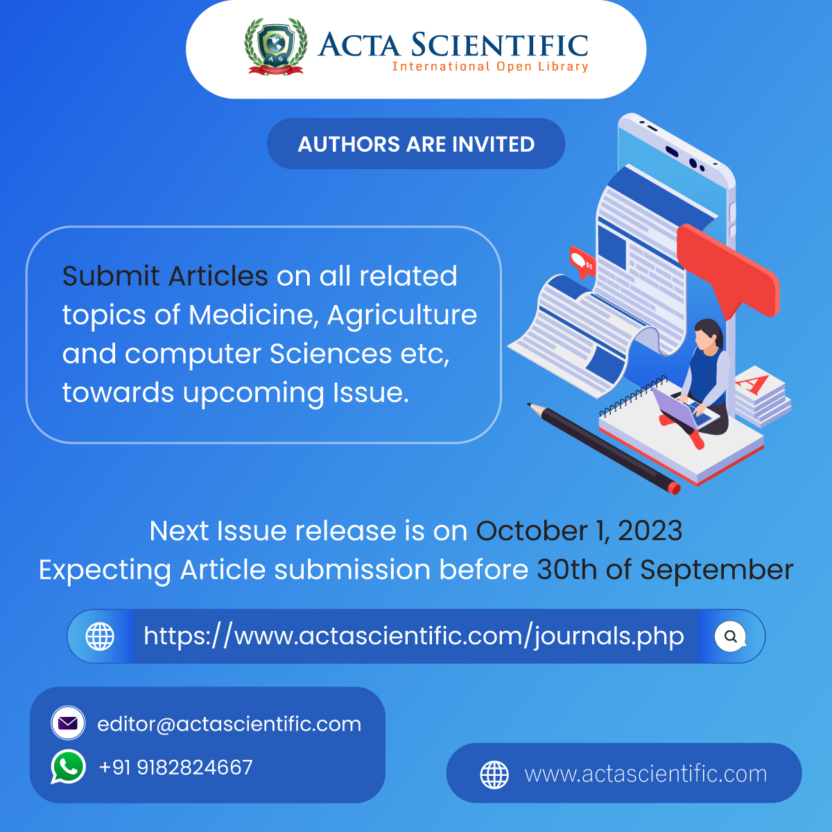 ScientificActa's tweet photo. Call for Paper from Acta Scientific Journals, towards upcoming issue.

Last Date to submit: September 30, 2023 https://t.co/AsBK2yZ7U4