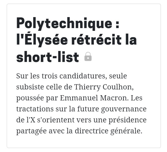 Manuel_MC's tweet photo. Des nouvelles du processus de désignation de la présidence de Polytechnique dans @LaLettreA 

> Lire l'article (abonnés🔒) :  https://t.co/Bh4V1ZK79F https://t.co/39GisJnq6L
