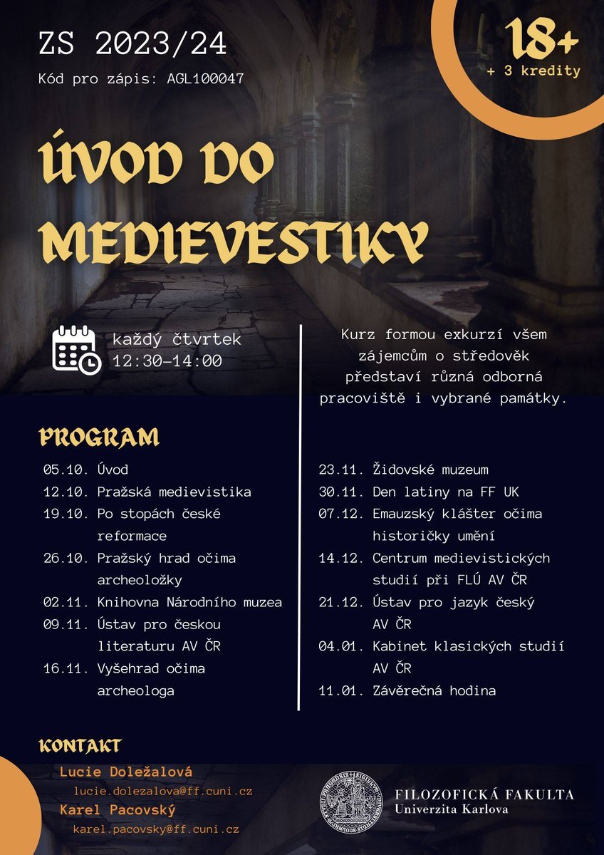 LindatFFCuni's tweet photo. 📜 Pro studenty: Připojte se k novému předmětu "Úvod do Medievistiky"! Objevte středověkou literaturu a kulturu každý čtvrtek od 12:30 do 14:00. Zájemci o exkurze, ozvěte se! #medievistika #novypredmet #prostudenty https://t.co/2ewNjpQyMJ