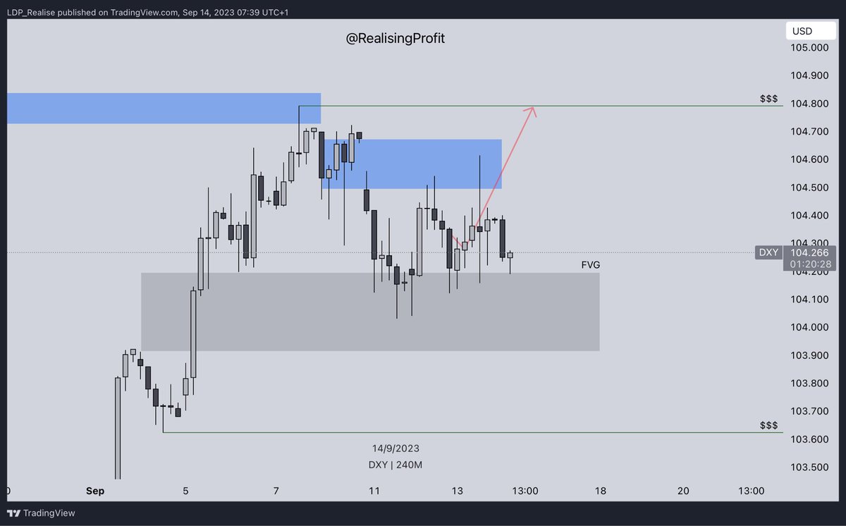RealisingProfit's tweet photo. 🇺🇸 $DXY

Price has failed to move higher towards our target and has failed to move with any volume above the weeks opening gap.

If we start to see price drop lower and lose this large FVG then it is likely that we will aim for the target below.

#trading #forex #FX https://t.co/WnV5fIXIVB
