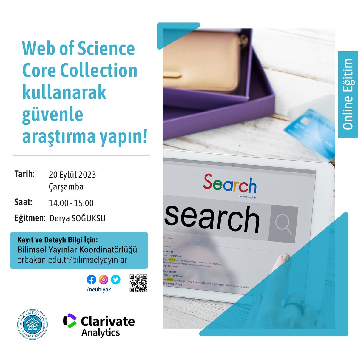 • Web Of Scien özelliklerini kişiselleştirme, tarama ve filtreleme seçenekleri
• Konulara ilişkin en iyi yazarları, dergileri, kurumları, yayınları bulmak için tarama sonuçlarının analizi
• Atıf Raporu
• Araştırmacı Profili
Bilgi için: erbakan.edu.tr/kutuphanedokum…