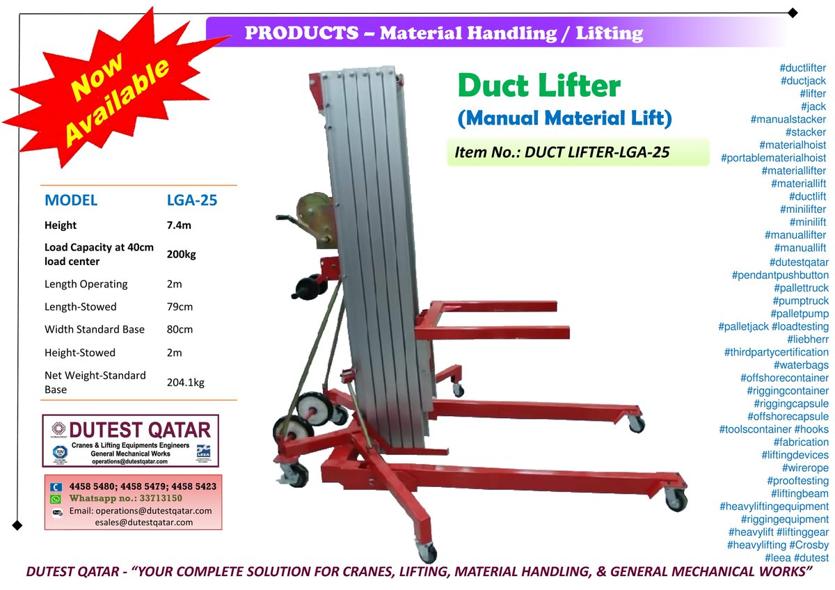 IN STOCK: Duct Lifter (Manual Material Lift).  Item No.: DUCT LIFTER-LGA-25. Call or 'whatsapp' us at 3371 3150. #ductlifter #ductjack #lifter #jack #manualstacker #stacker #materialhoist #portablematerialhoist #materiallifter #materiallift #ductlift dutestqatar.com