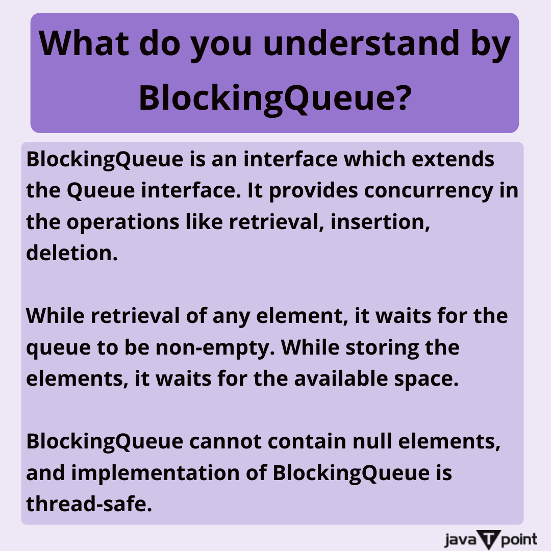 Bhavana83491661's tweet image. What do you understand by BlockingQueue?
.
.
.
.
For more questions about Java
bit.ly/3PyOJqD
Check the above link
.
.
.
.
#collection #comparator #comparable #blockingqueue #hashSet #treeSet #set #map #hashMap  #javatpoint