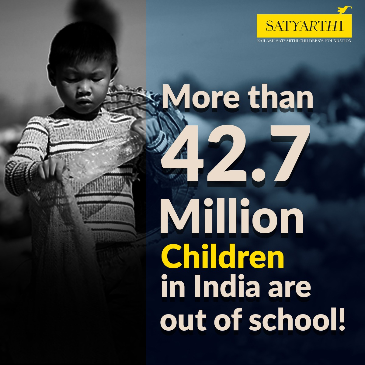 The total child population in India in the age group 5 -14 years is 259.6 million, of these 10.1 million (3.9% of the total child population) are child labour and more than 42.7 million are out of school. 

#nochildlabour 
#childrights 
#education 
#educationmatters