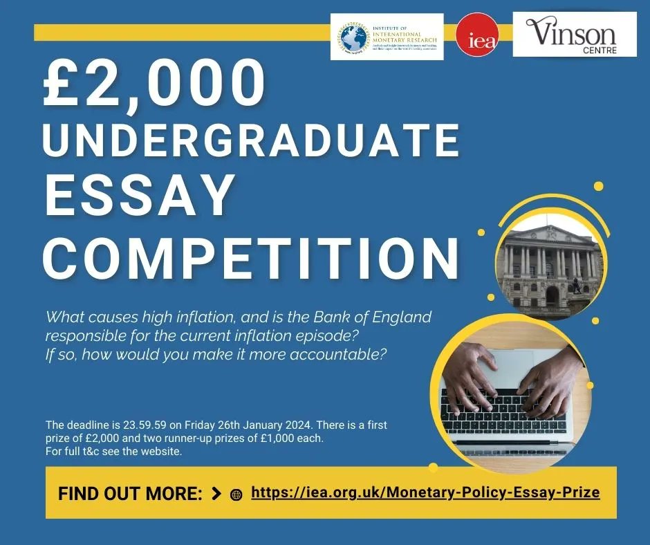 iimr_buckingham's tweet image. Students are invited to enter the Monetary Policy Essay Prize 2023-24. This year, there are two separate competitions, the first for sixth formers and the second for undergraduates. 
Full details are at: buff.ly/45zMM21 

 #studentcompetition #economics #freecompetition
