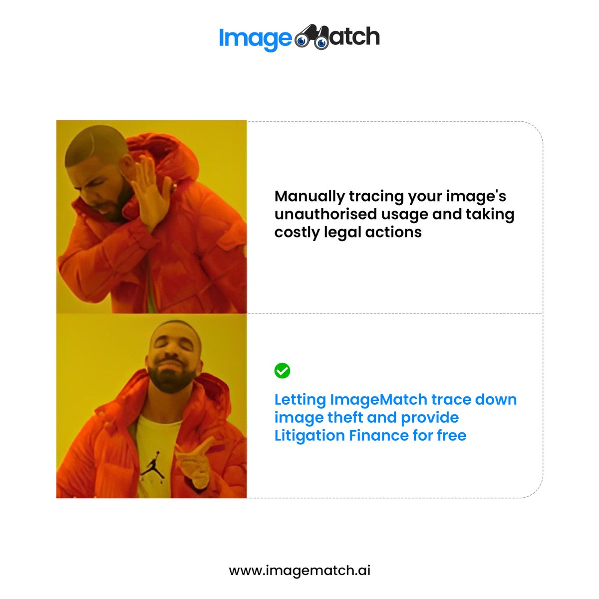 ImageMatch's tweet image. Frustrated by improper picture use? Introducing ImageMatch.ai! We investigate cases of image infringement and provide litigation financing on a no-win, no-fee strategy. Protect your creativity effortlessly!
#ImageMatch #CopyrightInfringement #Copyright #Imagetheft #AI