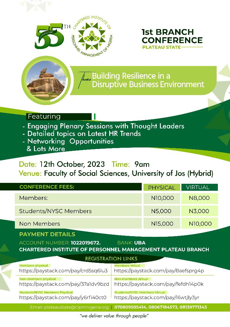Fomone's tweet photo. Be a part of the 1st CIPM Plateau State branch conference coming up on 12th October 2023.

Members (Physical): https://t.co/ihOXfR87ds

Members (Virtual): https://t.co/QkrYfuGH8m

Non-Members (Physical): https://t.co/vHNztLVxJc

Non-Members (Virtual): https://t.co/trxAK6pYCf https://t.co/7FJ2s5qJOH