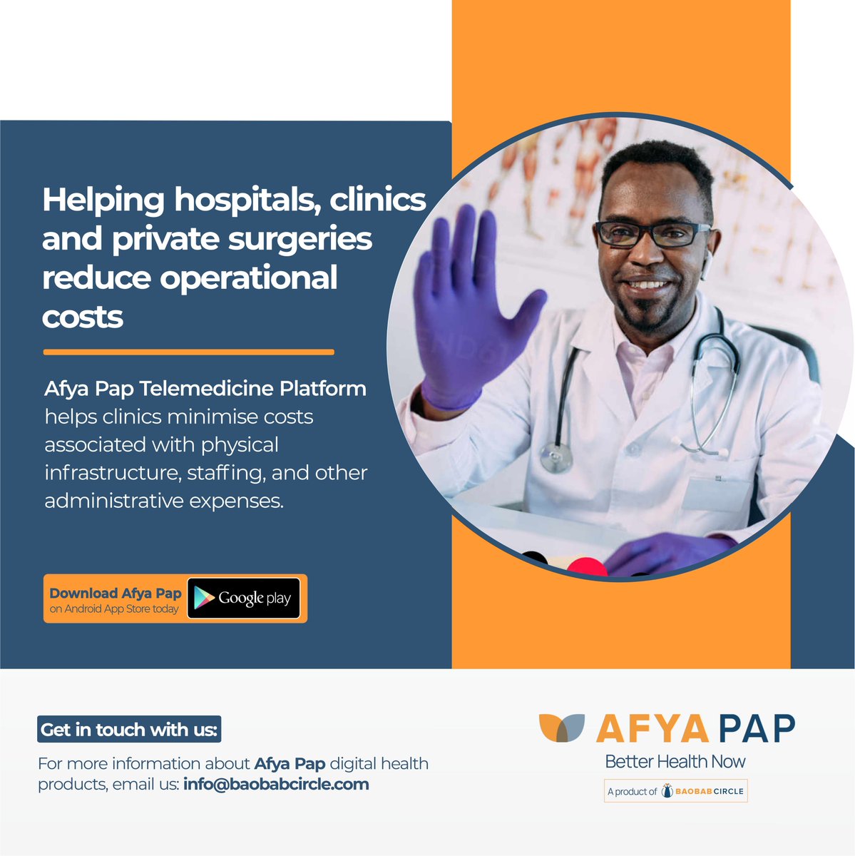 Are you a hospital, clinic, or private surgery looking to reduce your operational costs when it comes to attending to your patients? Let us help you.

Reach out to us via info@baobabcircle.com and we shall walk with you.

#afyapap #remotepatientmonitoring #telemedicine