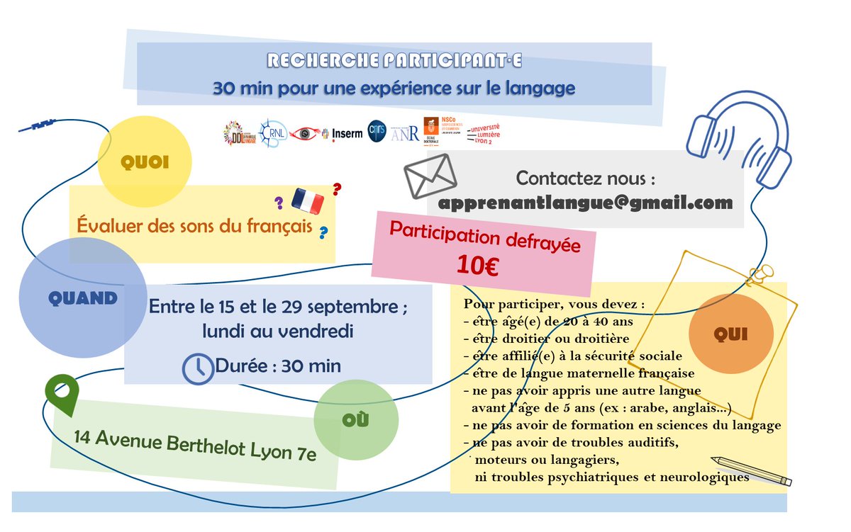 [RECHERCHE PARTICIPANT·E]
Vous avez 30 min pour participer à une #expérience sur le langage <a href="/DDL_Laboratoire/">Laboratoire DDL</a> ?
Nous recherchons des personnes droitières, âgées entre 20-40 ans, de langue maternelle 🇫🇷 (voir critères sur le flyer👇) 
📧apprenantlangue@gmail.com
please retweet 🙏