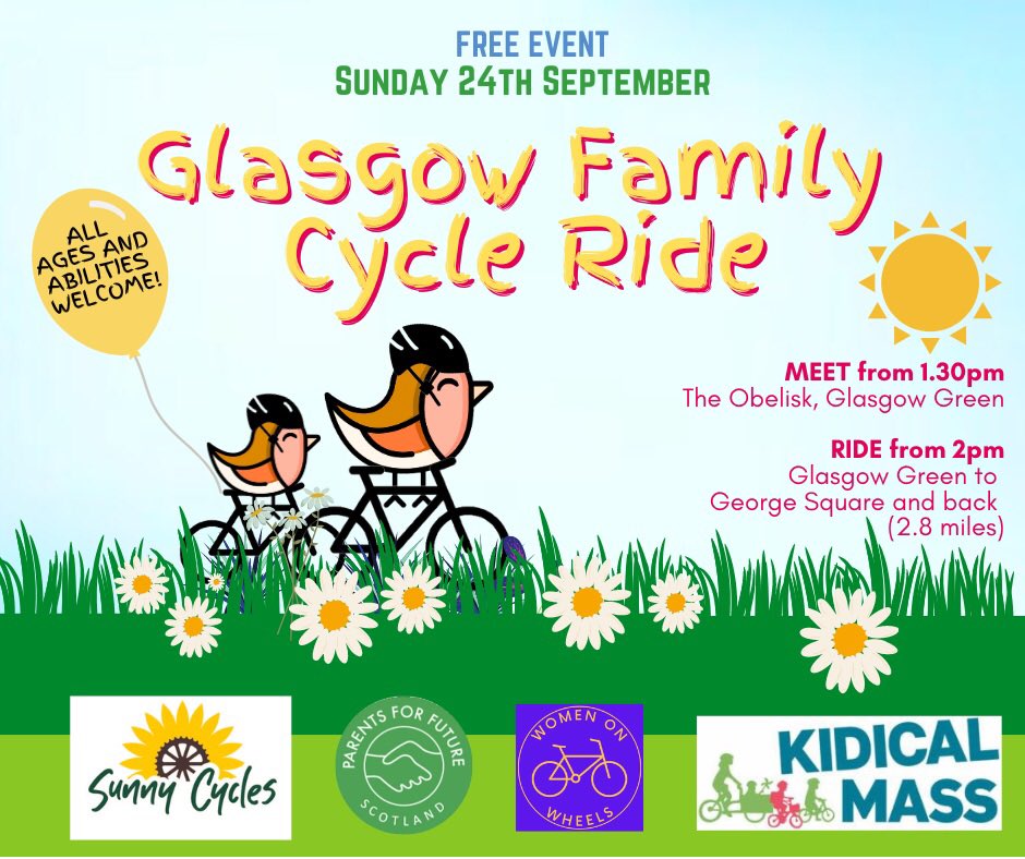 Kidical Mass Glasgow (@kidicalmassglas) on Twitter photo Getting excited about our next ride on 24/09/23 - meet@13:30@Glw Green!
Join us for a fun ride to demand safer cycling infrastructure for all! Bring a picnic and join us after for fun and bike-related activities courtesy of <a href="/WomenonWheels_/">Women on Wheels</a> Getting excited about our next ride on 24/09/23 - meet@13:30@Glw Green!
Join us for a fun ride to demand safer cycling infrastructure for all! Bring a picnic and join us after for fun and bike-related activities courtesy of <a href="/WomenonWheels_/">Women on Wheels</a>