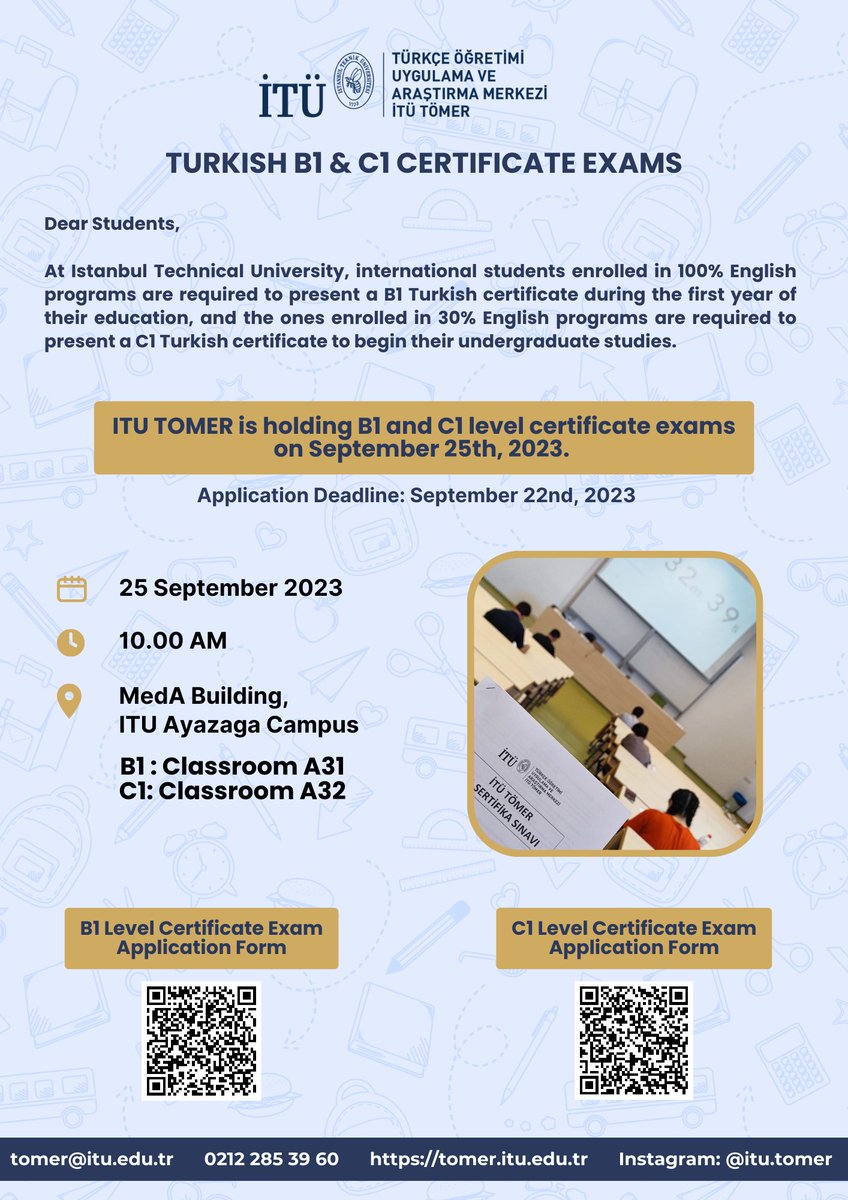 ITU TOMER is holding B1 and C1 level certificate exams on September 25th, 2023.

Do not miss the application deadline!

To apply:
B1: docs.google.com/forms/d/e/1FAI…
C1: docs.google.com/forms/d/e/1FAI…