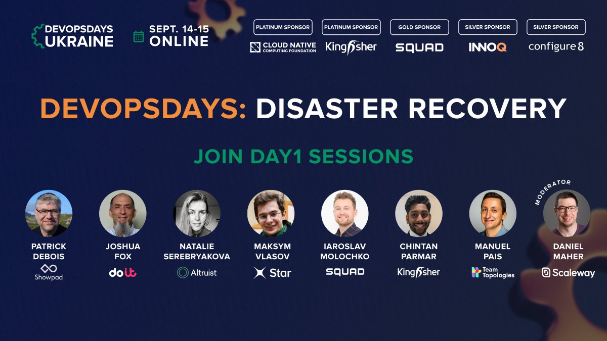 This day has come! #DevOpsDays Ukraine: Disaster Recovery starts today. We start at 6:00 pm by Kyiv time. Don’t hesitate to join us 👉🏻devopsdays.com.ua Today’s agenda: #Talks by Manuel Pais and Iaroslav Molochko. #Ignites by Chintan Parmar, Natalie Serebryakova,