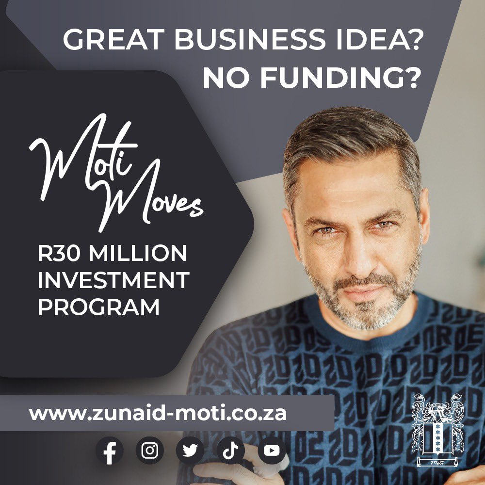 real_zunaidmoti's tweet photo. Are you ready to seize the opportunity of a lifetime? With my MotiMoves program, I still have millions waiting to be invested in game-changing businesses and exciting sponsorships. So, why hesitate?

I began this journey with a commitment of R30 million for groundbreaking business ideas, and we're already well on our way! But that's not all – we're broadening our horizons to include sponsorships in the world of sports, arts, and culture.

Currently, I'm proud to be sponsoring the MotiMoves South Africa Women's Hockey Team and supporting the remarkable tennis journey of a 12-year-old prodigy from Zimbabwe.

But I'm still on the lookout for more innovation, and more incredible stories. So, whether you're an aspiring entrepreneur with a visionary idea or a rising sports star, MotiMoves wants to hear from you.

Submitting your proposal or sponsorship request is a breeze – just head to my website at https://t.co/cfWYpWyhK5. Scroll to the bottom of the page and fill out the simple digital form.

For business ideas, all you need is a concise write-up explaining your concept's potential and why it could be a game-changer. For sponsorship requests – you need to be at the pinnacle of your sport or artistic discipline, please submit proof of accreditation from the relevant governing body, an invitation letter or evidence of eligibility for your chosen competition, and a brief motivation letter.

So, if you haven't taken the plunge yet, now is the perfect time to submit your proposal or request. Let's turn your dreams into reality together!

#ZunaidMoti #moti #motimoves #BusinessMentorship #OpportunityKnocks #SuccessJourney #Entrepreneurship #Mentorship 
#BusinessMentorship #BusinessAdvice
#EntrepreneurMindset #SuccessMindset
#BusinessTips #LeadershipDevelopment
#BusinessGrowth #InspirationForEntrepreneurs