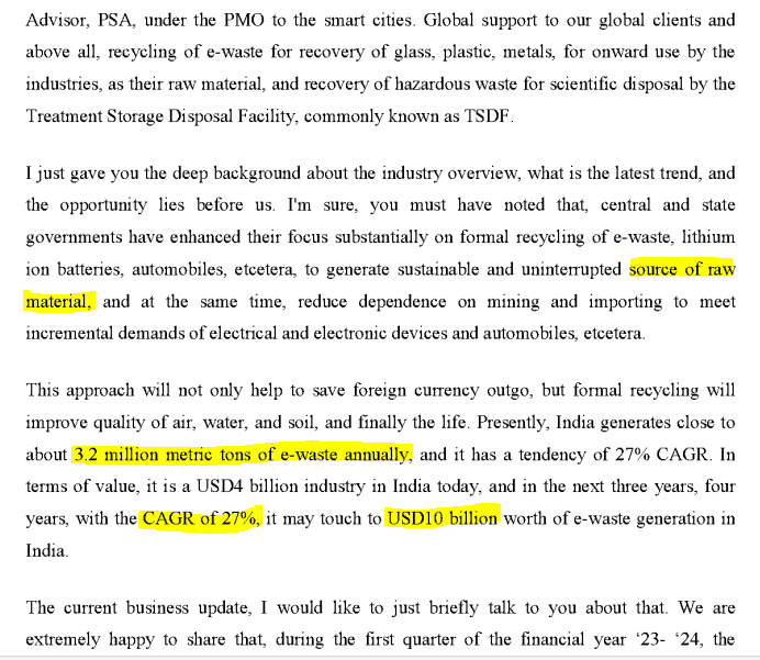Ewaste is growing at 27% CAGR and will become USD10 Billion worth Industry in next 3-4 years✅

Source-EcoRecycling Concall Details

This transcript is a must read for all those who want to know about this sector😍