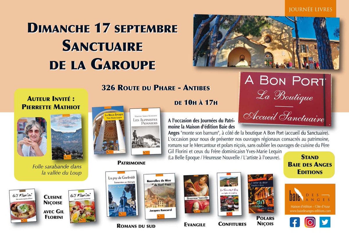 bdaedit's tweet photo. Dimanche 17 septembre #JEP2023 
Sanctuaire de la Garoupe
stand #Baiedesangeseditions @bdaedit 
#polarnicois #romandusud
#Antibes #garoupe @AntibesTourisme @NM_Antibes 
📘🌴🖊️ https://t.co/Uu3aeSmTNM