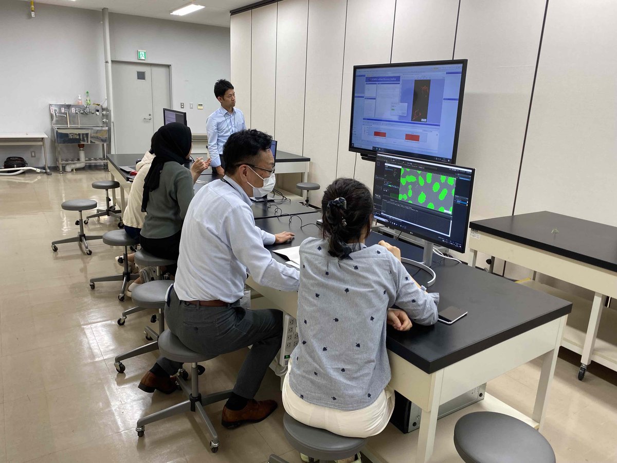 4日目午後、特別講演の後は画像解析応用編。各グループに分かれて、それぞれのソフトウエアの強みを活かした解析を身につけます。
(1) ImageJ（塚田先生）
(2) Imaris（オックスフォードインスツルメンツさん）
(3) NIS-Elements（ニコンさん）
(4) CellSens（エビデントさん）