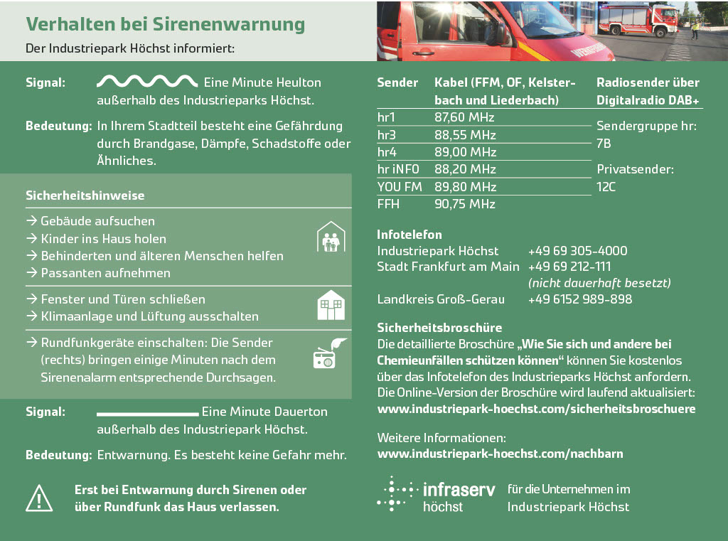 Heute findet der Bundesweite #Warntag2023 statt. Auch die Sirenen rund um den #IndustrieparkHöchst werden ausgelöst. Um 11:00 Uhr ertönt das Signal „Warnung“, um 11:45 Uhr folgt das Signal „Entwarnung“. bit.ly/3h8rUWf #Warntag2023 #InfraservHöchst #Frankfurt
