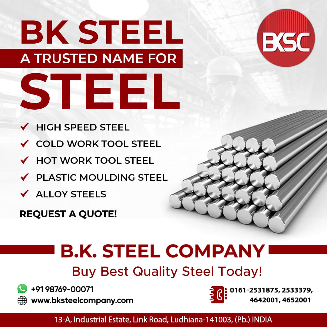 bksteel_company's tweet image. Bk Steel, a Trusted Name for Steel:-

*High-Speed Steel
*Cold Work
*Hot Work Tool Steel
*Plastic Moulding Steel
*Alloy Steels

Contact us:
☎+91 98769-00071

#trsutednamesteel #highspeedsteel #coldwork #hotworktoolsteel #steelsupplier #manufacturing #company #bksteelcompany