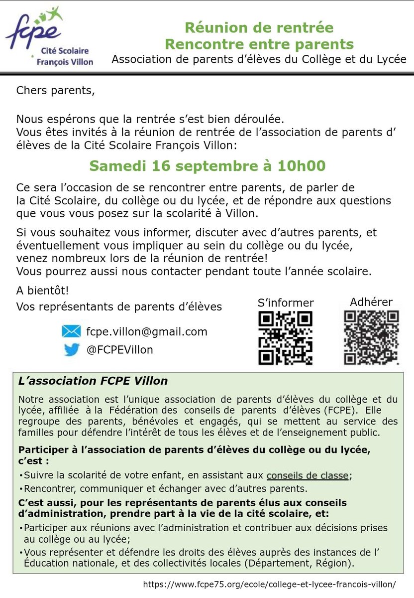 Samedi 16 septembre réunion de rentrée pour les parents de la cité scolaire Villon <a href="/VillonCollege/">Collège François Villon</a> <a href="/LyceeVillon/">Lycée François Villon</a>  venez nombreux pour discuter entre parents, vous informer sur l'établissement et, pourquoi pas, vous impliquer cette année