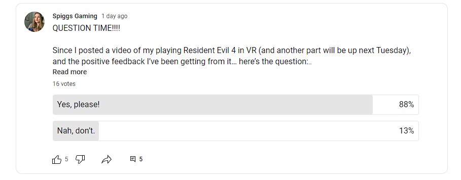 spiggs_gaming's tweet photo. The results are in! Guess I'll be doing a lot more VR videos on the channel. Lol
Thanks so much to everyone who voted! Be on the look out for another poll soon!
#VR #VirtualReality #VRGames #VRGame #VideoGame #Poll #YouTubePoll #Youtube #YouTuber https://t.co/NuGHjCoYOk