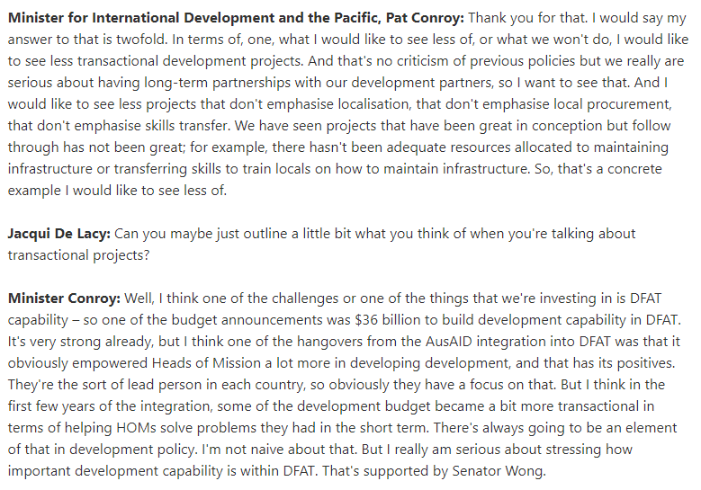 Pretty blunt. Pacific Minister Pat Conroy says he'd like to see @dfat fund fewer 'transactional' development projects. He says integration 'empowered' HOMs but ... some then used aid $ to solve 'short term problems.' The Minister wants to see less of this sort of thing