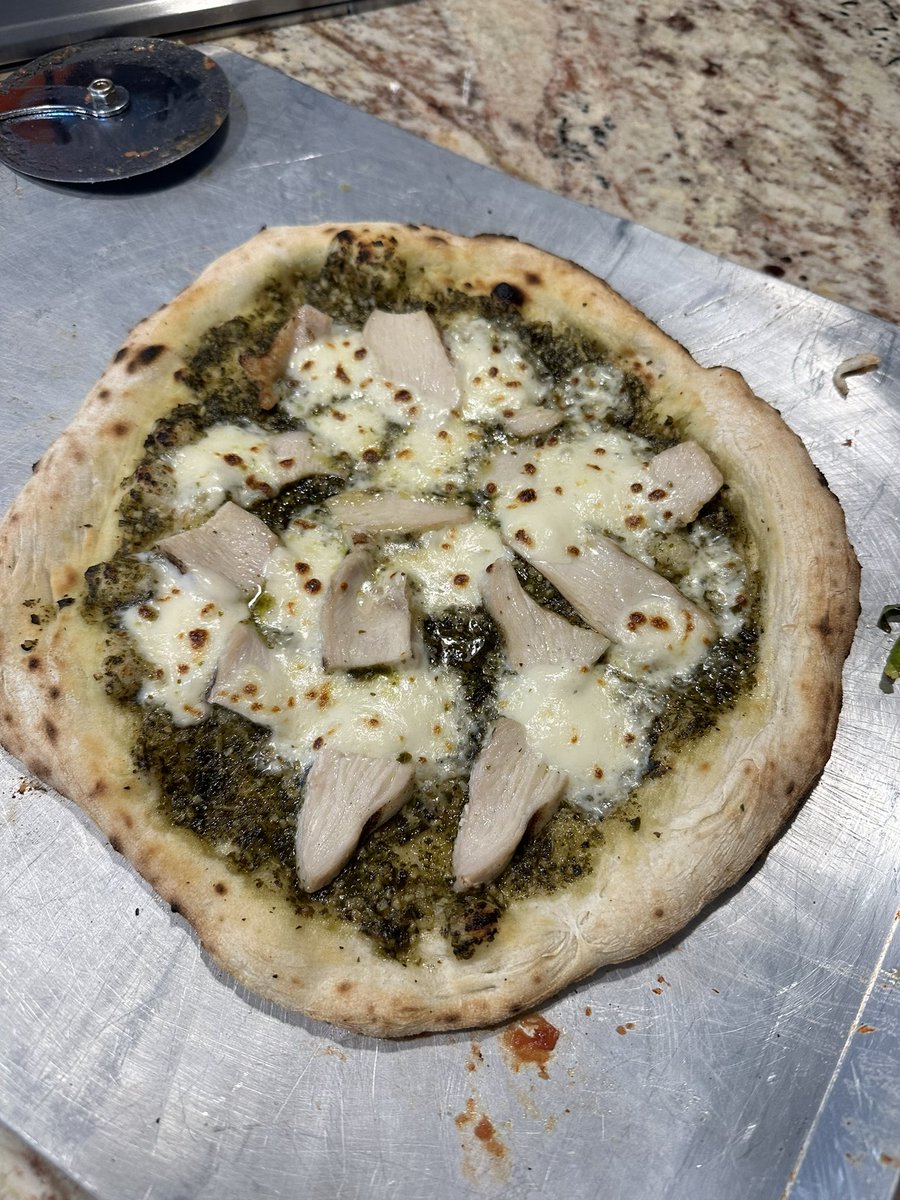 One of the pizzas made tonight.  Chicken pesto.  The 2018 Monteraponi was a hit.  Can’t wait to be in <a href="/langhe_vini/">Consorzio Barolo Barbaresco Alba Langhe e Dogliani</a> and <a href="/VisitTuscany/">Visit Tuscany</a> next month. <a href="/OoniHQ/">Ooni</a> <a href="/Monteraponi/">Michele Braganti</a>