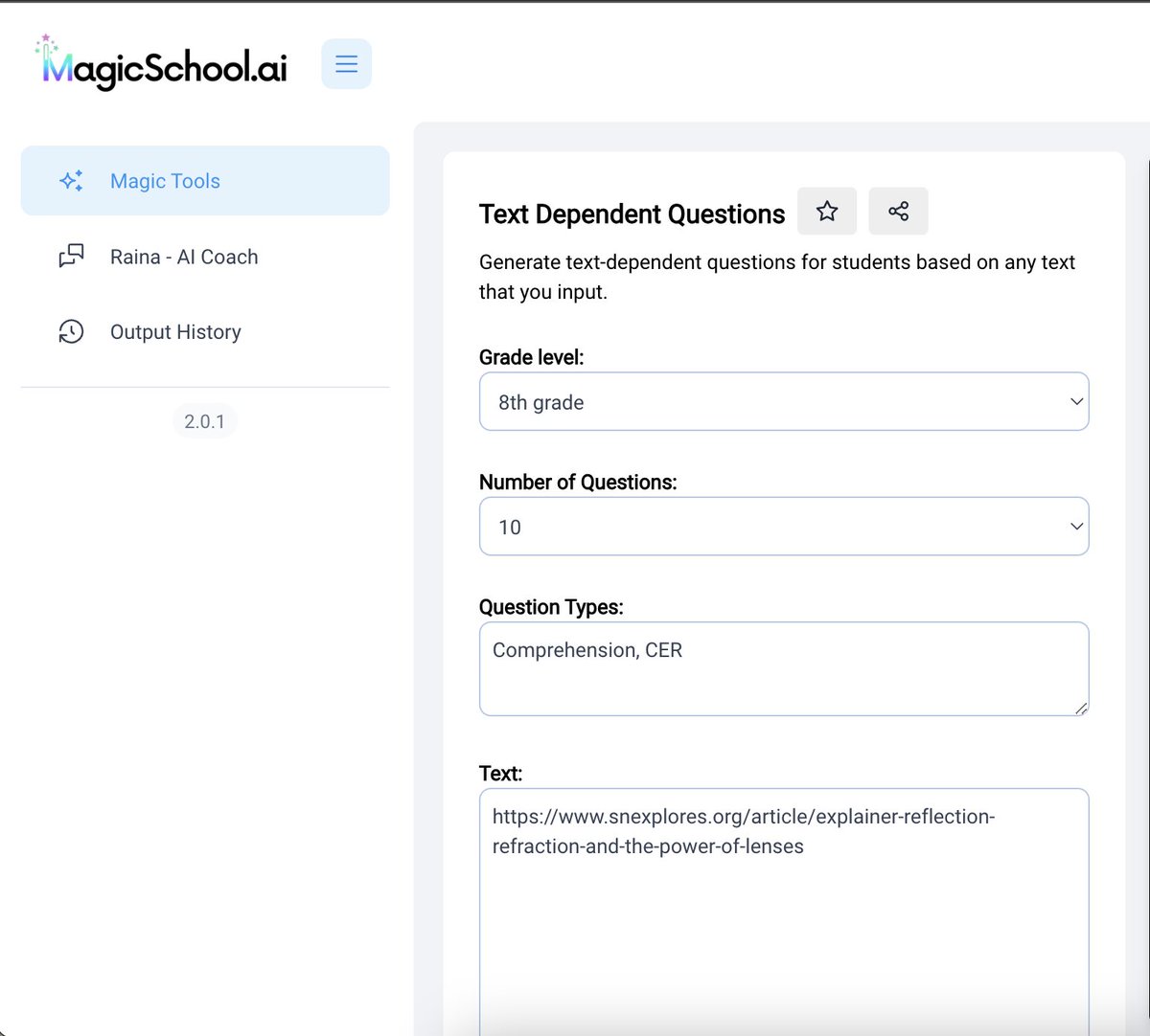 _Coach__Mac_'s tweet photo. Magic School AI (@magicschoolai) has been a game changer lately in the creative and time saving realms! Just used the “Text Dependent Questions” tool, dropped in the link to the article and got 10 questions to add to a Google Doc for students to answer! 👊👏🔥💯 https://t.co/yj8gPIAGOX