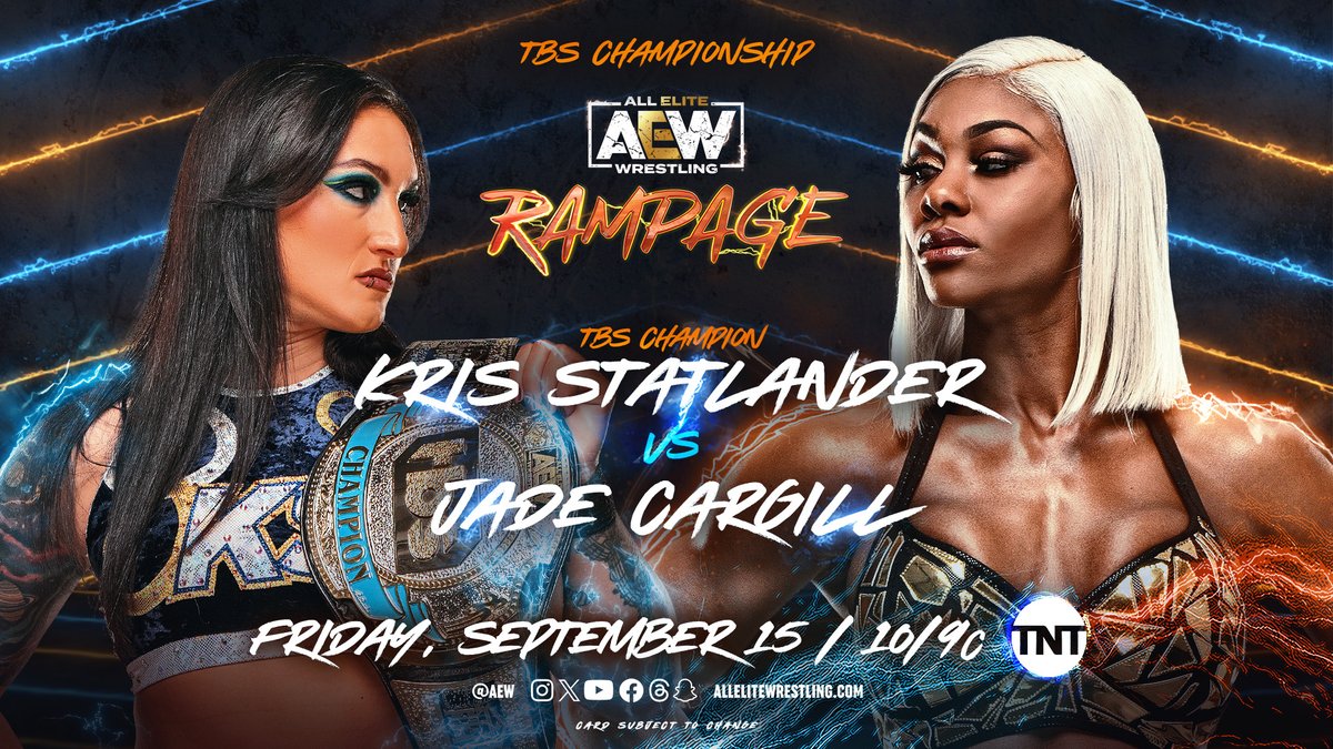 AEW's tweet photo. After being jaded during #AEWCollision, TBS Champion @callmekrisstat will defend the title against former long reigning Champion @Jade_Cargill THIS FRIDAY on #AEWRampage! 

Don’t miss Friday Night #AEWRampage at 10pm ET/ 9pm CT on @tntdrama! https://t.co/GURXab8e1t