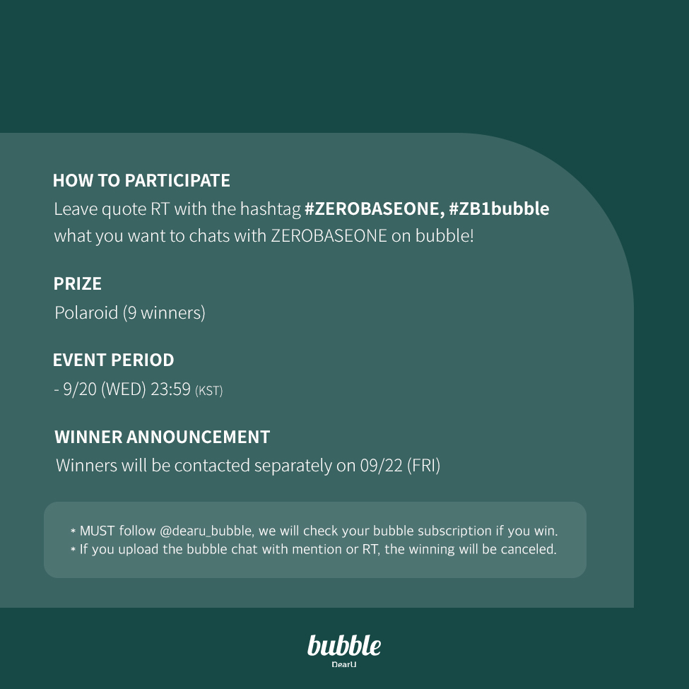 dearu_bubble's tweet photo. 📢] ZEROBASEONE x bubble EVENT

Leave quote RT with the hashtag #ZEROBASEONE, #ZB1bubble what you want to chats with ZEROBASEONE on bubble!

💌 Polaroid (9 winners)
📅 ~ 09/20 11:59PM (KST)
👉 separately on 09/22

#제로베이스원
#bubble #버블
@ZB1_official https://t.co/B0WPqqDHeW